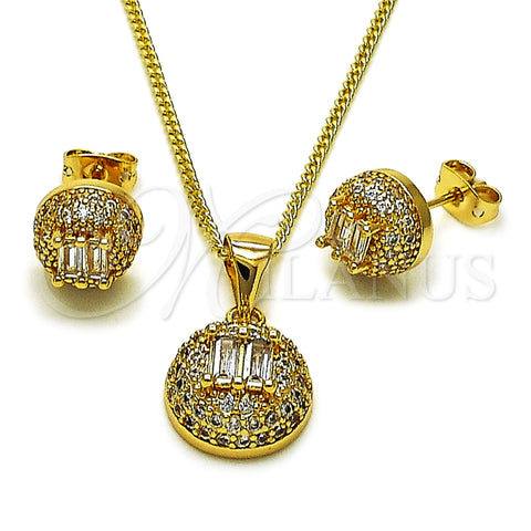Oro Laminado Earring and Pendant Adult Set, Gold Filled Style Ball and Baguette Design, with White Cubic Zirconia and White Micro Pave, Polished, Golden Finish, 10.342.0251