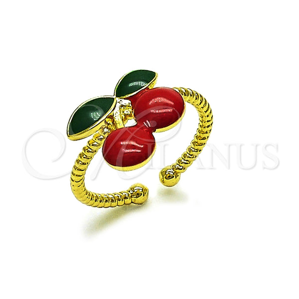 Oro Laminado Elegant Ring, Gold Filled Style Cherry Design, Red Enamel Finish, Golden Finish, 01.170.0003