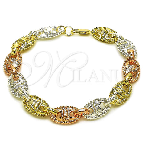 Oro Laminado Fancy Bracelet, Gold Filled Style Puff Mariner and Guadalupe Design, Polished, Tricolor, 03.411.0078.08