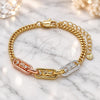 Oro Laminado Fancy Bracelet, Gold Filled Style San Judas and Miami Cuban Design, Polished, Tricolor, 03.411.0079.07 (Thickness, 7 Inches Length)