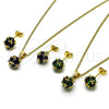 Oro Laminado Earring and Pendant Adult Set, Gold Filled Style Ball Design, with Green Cubic Zirconia, Polished, Golden Finish, 10.342.0252