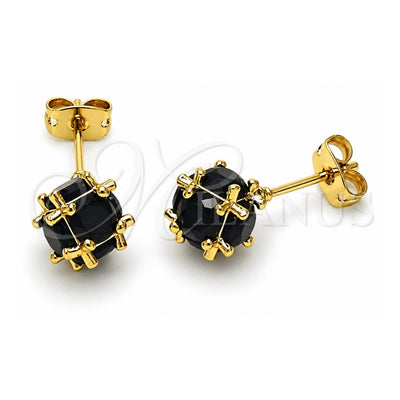 Oro Laminado Stud Earring, Gold Filled Style Ball Design, with Black Cubic Zirconia, Polished, Golden Finish, 02.342.0360