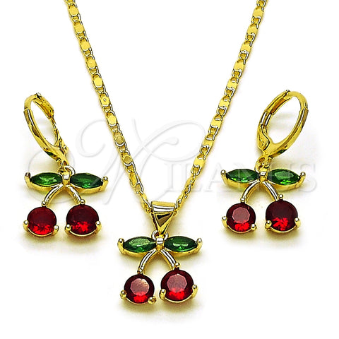 Oro Laminado Earring and Pendant Adult Set, Gold Filled Style Cherry Design, with Garnet and Green Cubic Zirconia, Polished, Golden Finish, 10.411.0015