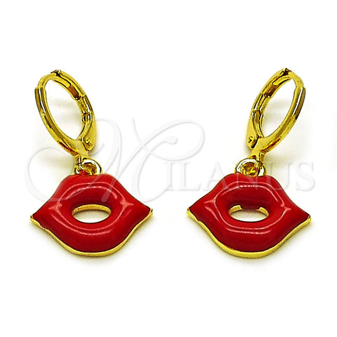 Oro Laminado Dangle Earring, Gold Filled Style Lips Design, Red Enamel Finish, Golden Finish, 02.411.0080