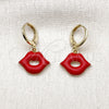 Oro Laminado Dangle Earring, Gold Filled Style Lips Design, Red Enamel Finish, Golden Finish, 02.411.0080