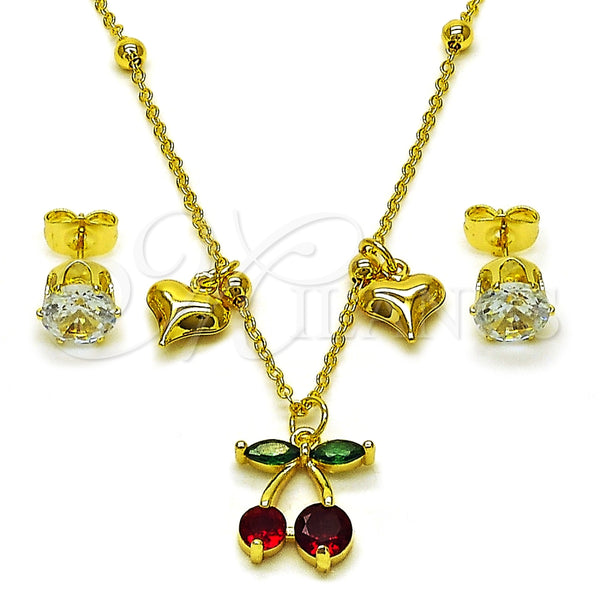 Oro Laminado Earring and Pendant Adult Set, Gold Filled Style Cherry and Heart Design, with White and Garnet Cubic Zirconia, Polished, Golden Finish, 10.411.0016