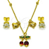 Oro Laminado Earring and Pendant Adult Set, Gold Filled Style Cherry and Heart Design, with White and Garnet Cubic Zirconia, Polished, Golden Finish, 10.411.0016