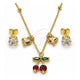 Oro Laminado Earring and Pendant Adult Set, Gold Filled Style Cherry and Heart Design, with White and Garnet Cubic Zirconia, Polished, Golden Finish, 10.411.0016