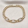Oro Laminado Fancy Bracelet, Gold Filled Style Puff Mariner and Miami Cuban Design, with White Cubic Zirconia, Polished, Golden Finish, 03.283.0470.08