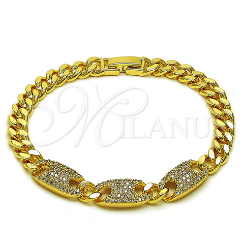 Oro Laminado Fancy Bracelet, Gold Filled Style Puff Mariner and Miami Cuban Design, with White Cubic Zirconia, Polished, Golden Finish, 03.283.0470.08