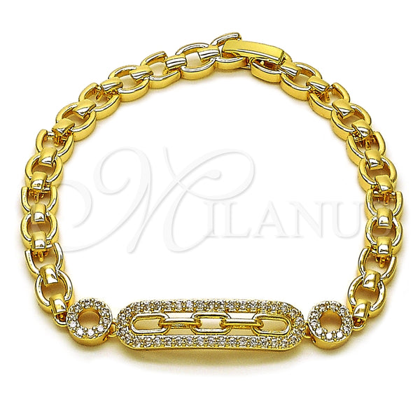 Oro Laminado Fancy Bracelet, Gold Filled Style Paperclip and Belt Buckle Design, with White Cubic Zirconia, Polished, Golden Finish, 03.283.0472.08