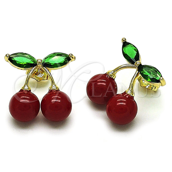 Oro Laminado Stud Earring, Gold Filled Style Cherry Design, with Garnet Pearl and Green Cubic Zirconia, Polished, Golden Finish, 02.283.0255