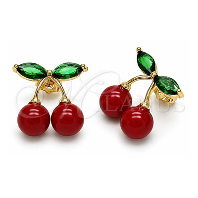 Oro Laminado Stud Earring, Gold Filled Style Cherry Design, with Garnet Pearl and Green Cubic Zirconia, Polished, Golden Finish, 02.283.0255