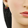 Oro Laminado Stud Earring, Gold Filled Style Cherry and Bow Design, with Garnet and Green Cubic Zirconia, Polished, Golden Finish, 02.283.0256