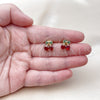 Oro Laminado Stud Earring, Gold Filled Style Cherry and Bow Design, with Garnet and Green Cubic Zirconia, Polished, Golden Finish, 02.283.0256