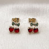 Oro Laminado Stud Earring, Gold Filled Style Cherry and Bow Design, with Garnet and Green Cubic Zirconia, Polished, Golden Finish, 02.283.0256