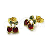 Oro Laminado Stud Earring, Gold Filled Style Cherry and Bow Design, with Garnet and Green Cubic Zirconia, Polished, Golden Finish, 02.283.0256