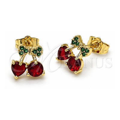 Oro Laminado Stud Earring, Gold Filled Style Cherry and Bow Design, with Garnet and Green Cubic Zirconia, Polished, Golden Finish, 02.283.0256