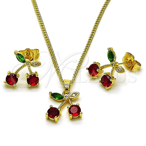 Oro Laminado Earring and Pendant Adult Set, Gold Filled Style Cherry Design, with Garnet and Green Cubic Zirconia, Polished, Golden Finish, 10.283.0025