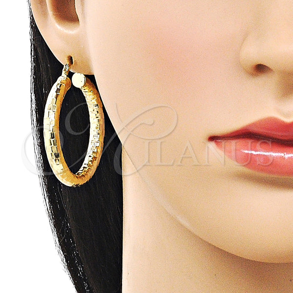 Gold Filled Hoop Earrings — Medium Hoop Hollow Design Diamond Cutting 02. — alternate product view — SKU 160070 | Oro Laminado aretes de aro — Medium Hoop Hollow diseño Diamond Cutting 02. — SKU 160070