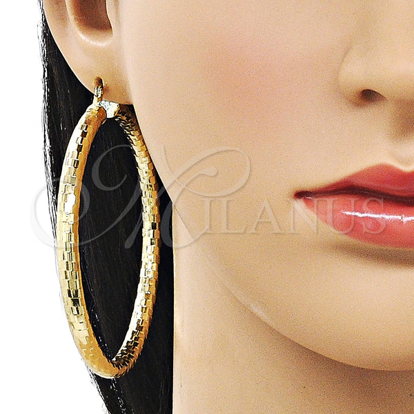 Gold Filled Hoop Earrings — Extra Large Hoop Hollow Design Diamond Cutting 02. — alternate product view — SKU 160073 | Oro Laminado aretes de aro — Extra Large Hoop Hollow diseño Diamond Cutting 02. — SKU 160073