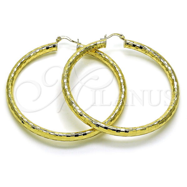 Gold Filled Hoop Earrings — Extra Large Hoop Hollow Design Diamond Cutting 02. — main product view — SKU 160073 | Oro Laminado aretes de aro — Extra Large Hoop Hollow diseño Diamond Cutting 02. — SKU 160073