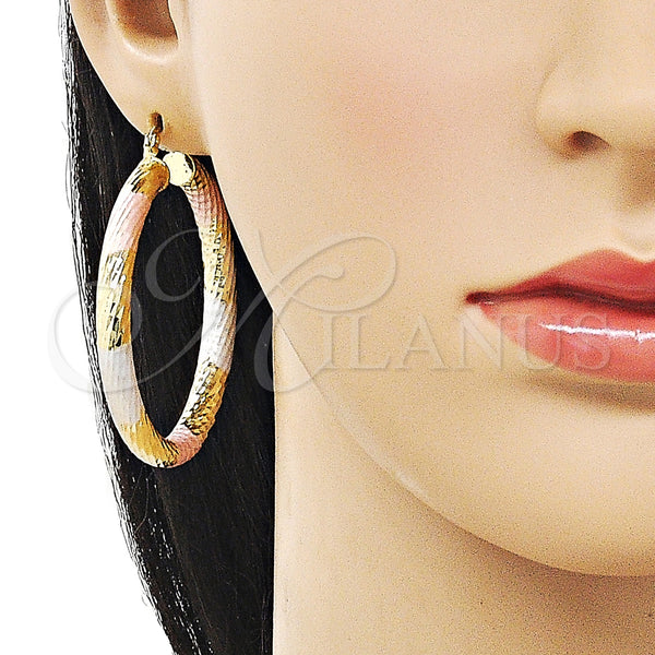 Gold Filled Hoop Earrings — Large Hoop Hollow Design Diamond Cutting Tricolor 02. — alternate product view — SKU 160079 | Oro Laminado aretes de aro — Large Hoop Hollow diseño Diamond Cutting Tricolor 02. — SKU 160079