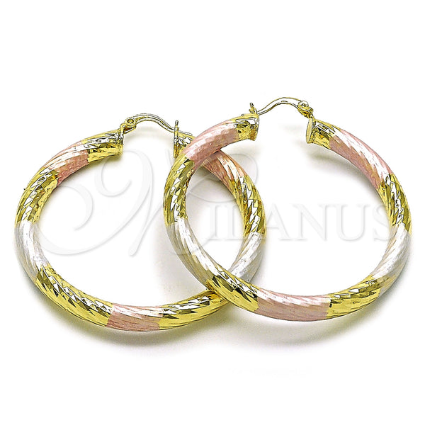 Gold Filled Hoop Earrings — Large Hoop Hollow Design Diamond Cutting Tricolor 02. — main product view — SKU 160079 | Oro Laminado aretes de aro — Large Hoop Hollow diseño Diamond Cutting Tricolor 02. — SKU 160079