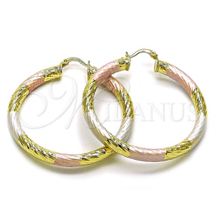 Gold Filled Hoop Earrings — Large Hoop Hollow Design Diamond Cutting Tricolor 02. — main product view — SKU 160079 | Oro Laminado aretes de aro — Large Hoop Hollow diseño Diamond Cutting Tricolor 02. — SKU 160079