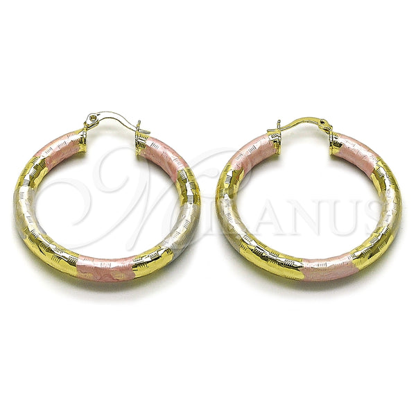 Oro Laminado Medium Hoop, Gold Filled Style Hollow Design, Diamond Cutting Finish, Tricolor, 02.213.0313.1.40