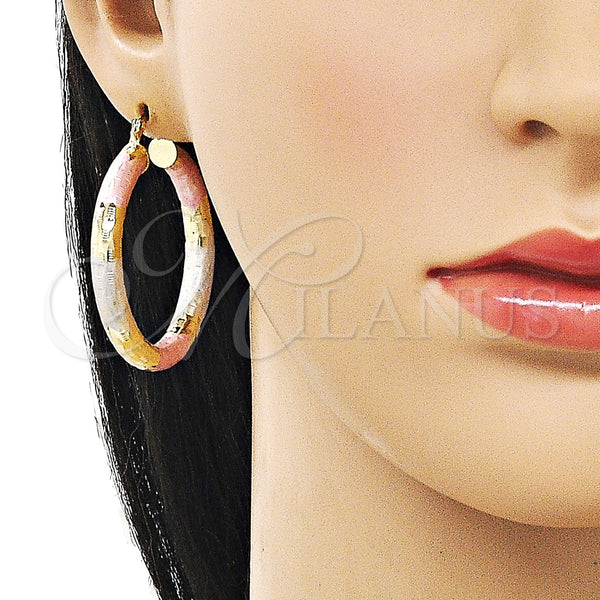 Gold Filled Hoop Earrings — Medium Hoop Hollow Design Diamond Cutting Tricolor 02. — alternate product view — SKU 160080 | Oro Laminado aretes de aro — Medium Hoop Hollow diseño Diamond Cutting Tricolor 02. — SKU 160080