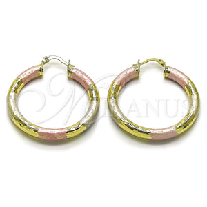 Gold Filled Hoop Earrings — Medium Hoop Hollow Design Diamond Cutting Tricolor 02. — main product view — SKU 160080 | Oro Laminado aretes de aro — Medium Hoop Hollow diseño Diamond Cutting Tricolor 02. — SKU 160080