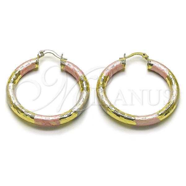 Gold Filled Hoop Earrings — Medium Hoop Hollow Design Diamond Cutting Tricolor 02. — main product view — SKU 160080 | Oro Laminado aretes de aro — Medium Hoop Hollow diseño Diamond Cutting Tricolor 02. — SKU 160080