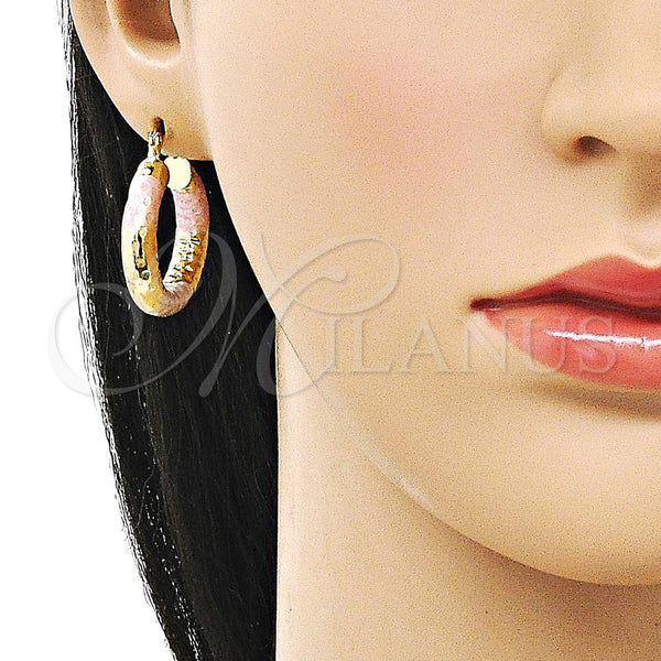 Gold Filled Hoop Earrings — Medium Hoop Hollow Design Diamond Cutting Tricolor 02. — alternate product view — SKU 160081 | Oro Laminado aretes de aro — Medium Hoop Hollow diseño Diamond Cutting Tricolor 02. — SKU 160081