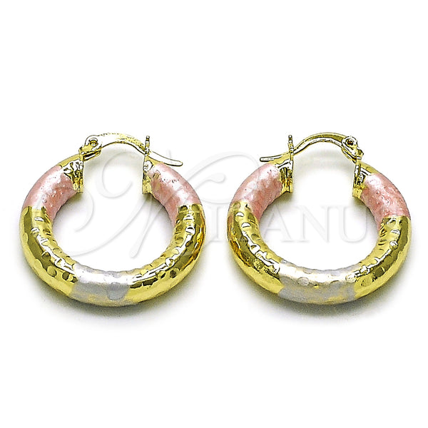 Gold Filled Hoop Earrings — Medium Hoop Hollow Design Diamond Cutting Tricolor 02. — main product view — SKU 160081 | Oro Laminado aretes de aro — Medium Hoop Hollow diseño Diamond Cutting Tricolor 02. — SKU 160081