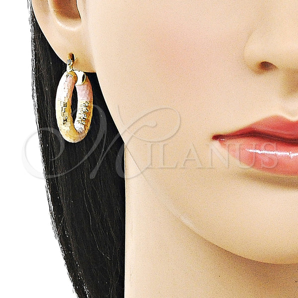Gold Filled Hoop Earrings — Medium Hoop Hollow Design Diamond Cutting Tricolor 02. — alternate product view — SKU 160082 | Oro Laminado aretes de aro — Medium Hoop Hollow diseño Diamond Cutting Tricolor 02. — SKU 160082