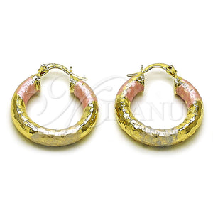Gold Filled Hoop Earrings — Medium Hoop Hollow Design Diamond Cutting Tricolor 02. — main product view — SKU 160082 | Oro Laminado aretes de aro — Medium Hoop Hollow diseño Diamond Cutting Tricolor 02. — SKU 160082