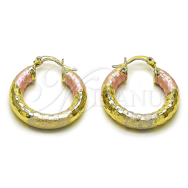 Gold Filled Hoop Earrings — Medium Hoop Hollow Design Diamond Cutting Tricolor 02. — main product view — SKU 160082 | Oro Laminado aretes de aro — Medium Hoop Hollow diseño Diamond Cutting Tricolor 02. — SKU 160082