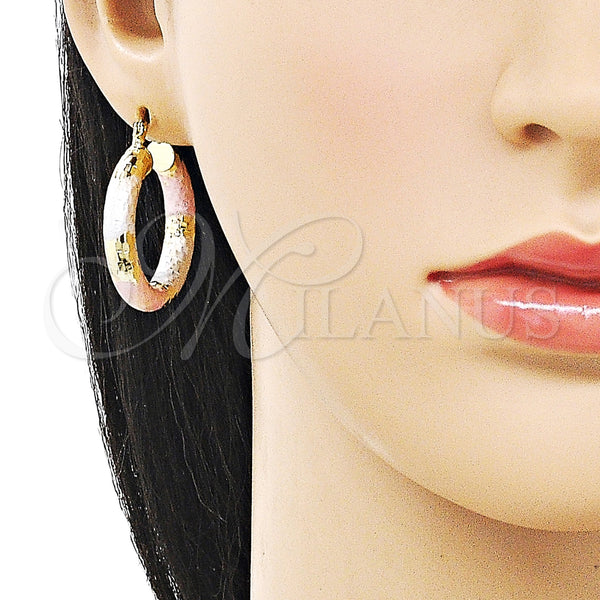 Gold Filled Hoop Earrings — Medium Hoop Hollow Design Diamond Cutting Tricolor 02. — alternate product view — SKU 160083 | Oro Laminado aretes de aro — Medium Hoop Hollow diseño Diamond Cutting Tricolor 02. — SKU 160083