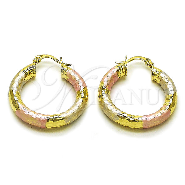 Gold Filled Hoop Earrings — Medium Hoop Hollow Design Diamond Cutting Tricolor 02. — main product view — SKU 160083 | Oro Laminado aretes de aro — Medium Hoop Hollow diseño Diamond Cutting Tricolor 02. — SKU 160083