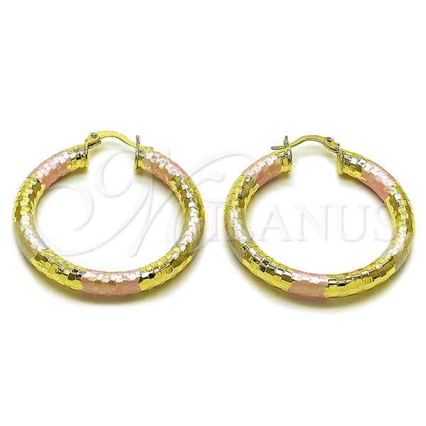 Oro Laminado Medium Hoop, Gold Filled Style Hollow Design, Diamond Cutting Finish, Tricolor, 02.213.0309.1.40
