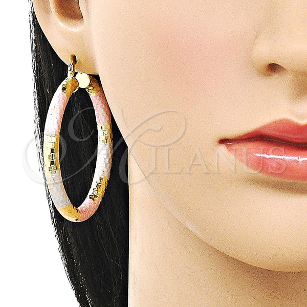 Gold Filled Hoop Earrings — Large Hoop Hollow Design Diamond Cutting Tricolor 02. — alternate product view — SKU 160085 | Oro Laminado aretes de aro — Large Hoop Hollow diseño Diamond Cutting Tricolor 02. — SKU 160085