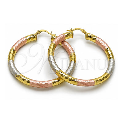 Oro Laminado Large Hoop, Gold Filled Style Hollow Design, Diamond Cutting Finish, Tricolor, 02.213.0309.1.50