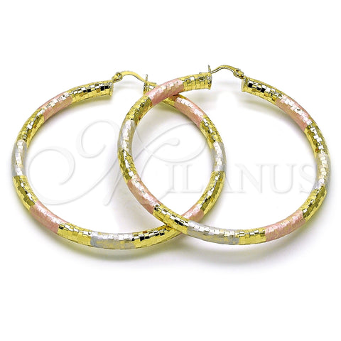 Oro Laminado Large Hoop, Gold Filled Style Hollow Design, Diamond Cutting Finish, Tricolor, 02.213.0309.1.70