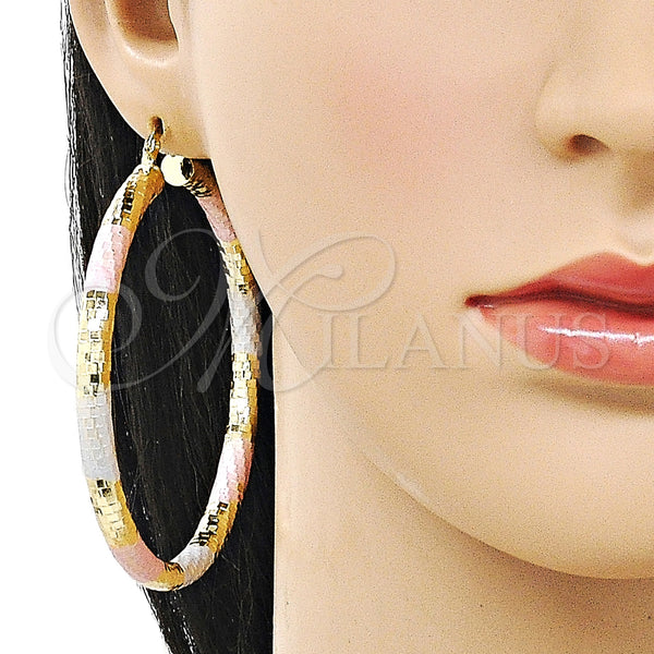 Gold Filled Hoop Earrings — Large Hoop Hollow Design Diamond Cutting Tricolor 02. — alternate product view — SKU 160086 | Oro Laminado aretes de aro — Large Hoop Hollow diseño Diamond Cutting Tricolor 02. — SKU 160086