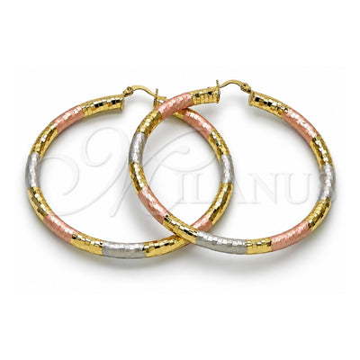 Oro Laminado Large Hoop, Gold Filled Style Hollow Design, Diamond Cutting Finish, Tricolor, 02.213.0309.1.70