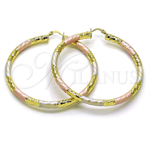 Gold Filled Hoop Earrings — Large Hoop Hollow Design Diamond Cutting Tricolor 02. — main product view — SKU 160086 | Oro Laminado aretes de aro — Large Hoop Hollow diseño Diamond Cutting Tricolor 02. — SKU 160086
