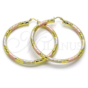 Gold Filled Hoop Earrings — Large Hoop Hollow Design Diamond Cutting Tricolor 02. — main product view — SKU 160086 | Oro Laminado aretes de aro — Large Hoop Hollow diseño Diamond Cutting Tricolor 02. — SKU 160086