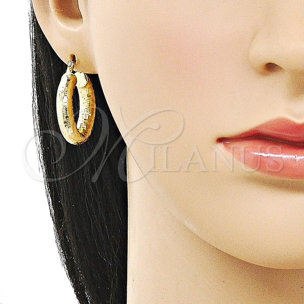 Gold Filled Hoop Earrings — Small Hoop Hollow Design Diamond Cutting 02. — alternate product view — SKU 160087 | Oro Laminado aretes de aro — aro pequeño Hollow diseño Diamond Cutting 02. — SKU 160087