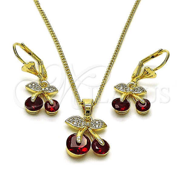 Oro Laminado Earring and Pendant Adult Set, Gold Filled Style Cherry Design, with Garnet Cubic Zirconia and White Micro Pave, Polished, Golden Finish, 10.210.0185